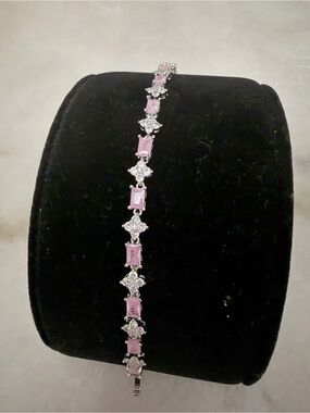Elegant Pink Stone and Silver Tennis Bracelet